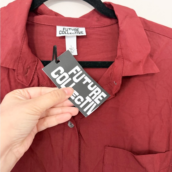 NWT FUTURE COLLECTIVE Collared Long Sleeve Smocked Burgundy Midi Shirtdress Sz L - Picture 4 of 5